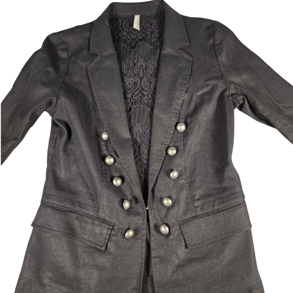 Vanity Womens Black Linen Blend Lace Back Military Blazer Jacket Silver Buttons